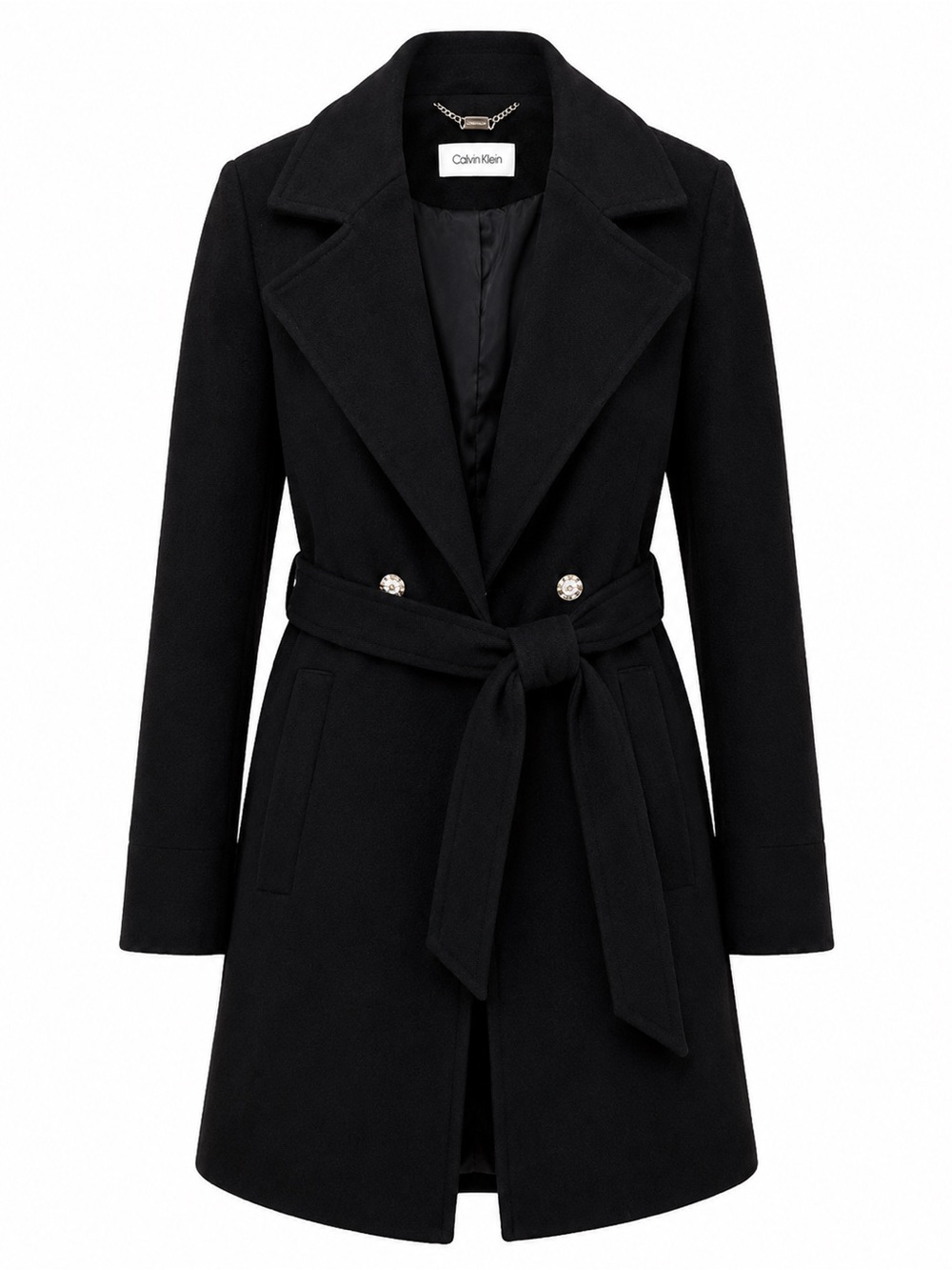Calvin Klein Black Wool Blend Belted Wrap Coat Oversized Lapel Women’s Size S - Picture 2 of 5